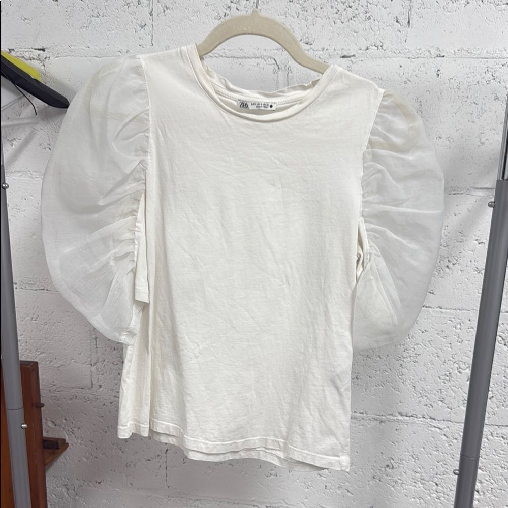 Zara White Puff Sleeve Top - Sheer Sleeves - Size Small Top